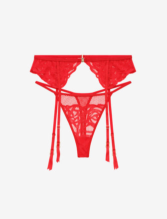 Rose Lace Thong & Garter Set, Red - Thirdlove - 86.2% nylon/13.8% Spandex