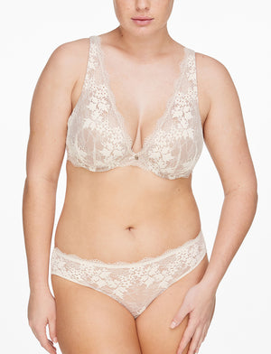Plus Size White Lace Padded Underwired Plunge Bra